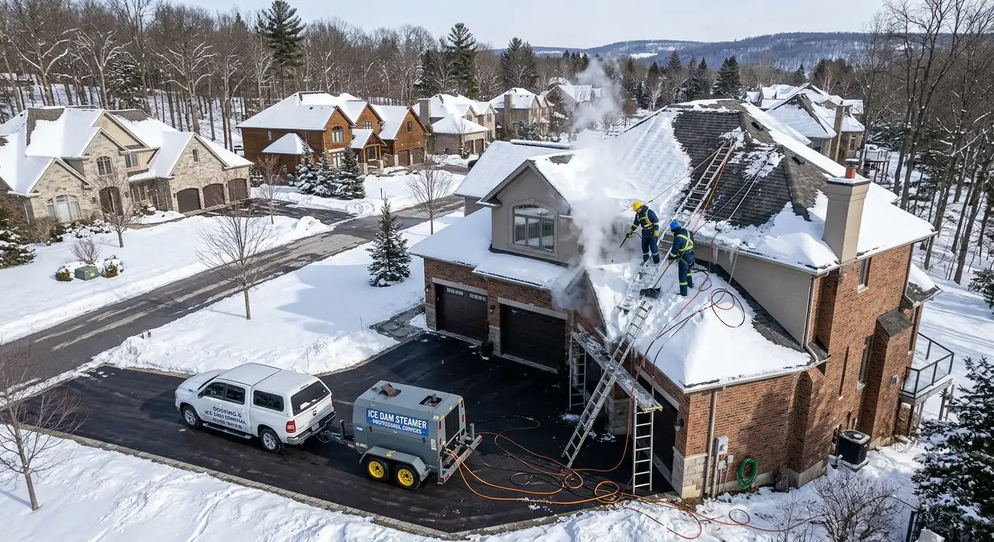 Two workers on a steep snowy roof of a two-story brick home using steam equipment connected to service vehicle