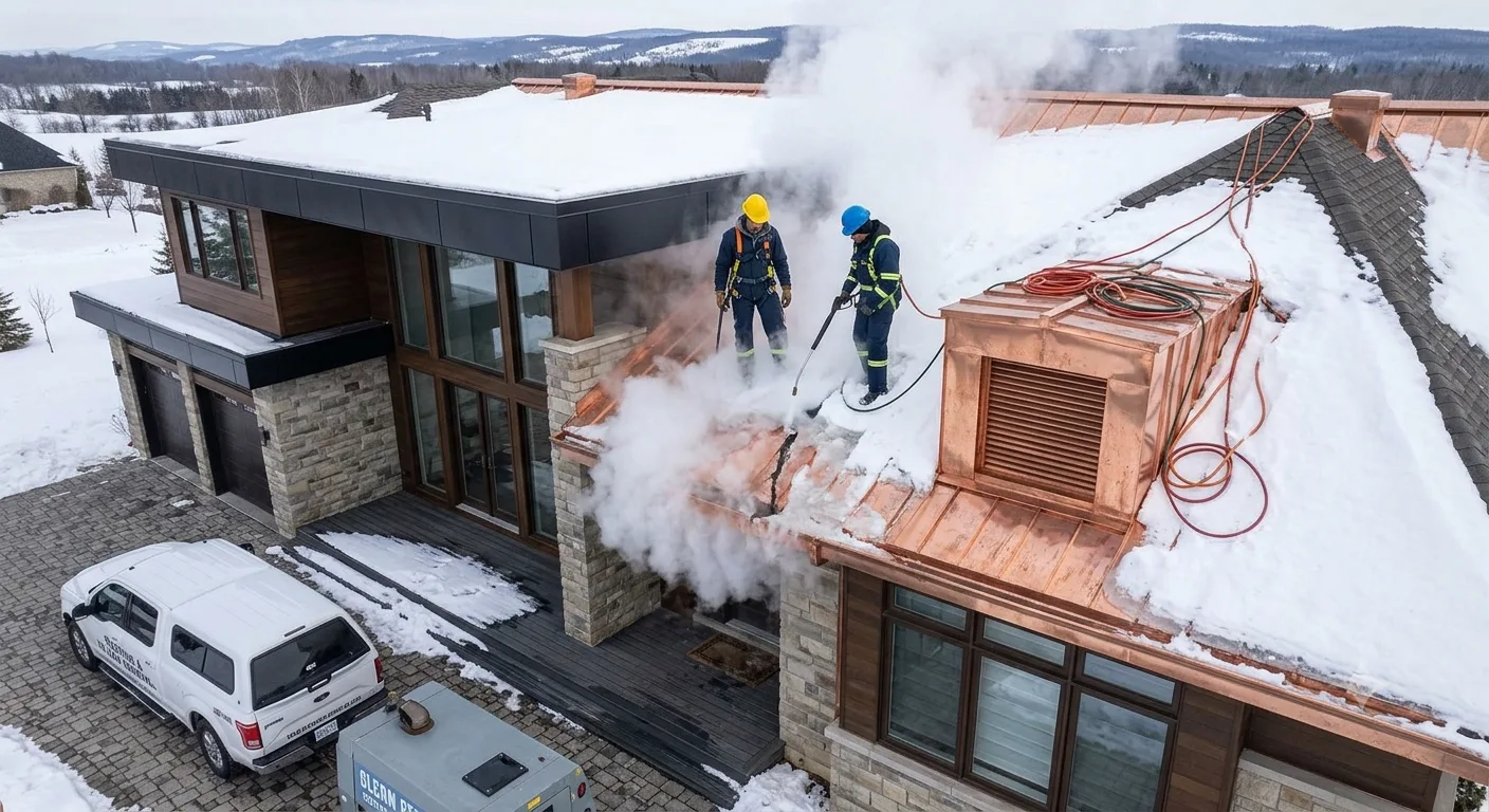 Specialized ice dam removal on a modern home with copper roof and stone facade in Minnesota using professional steam generator
