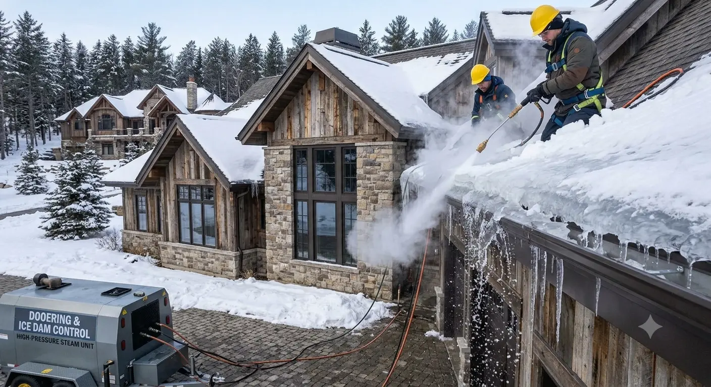 Professional ice dam steam service on large rustic house in snowy neighborhood preventing water leaks
