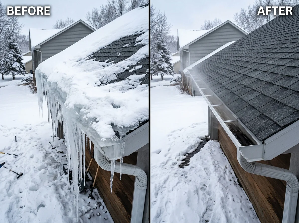 Split Before and After comparison showing massive ice dam on left and clean shingle-safe roofline on right after steam removal