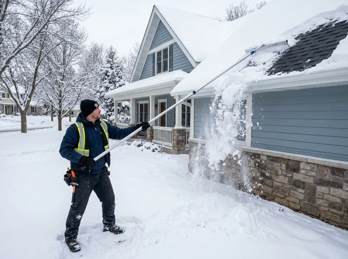 Professional exterior worker using telescopic roof snow rake to safely remove deep snow pack from roof