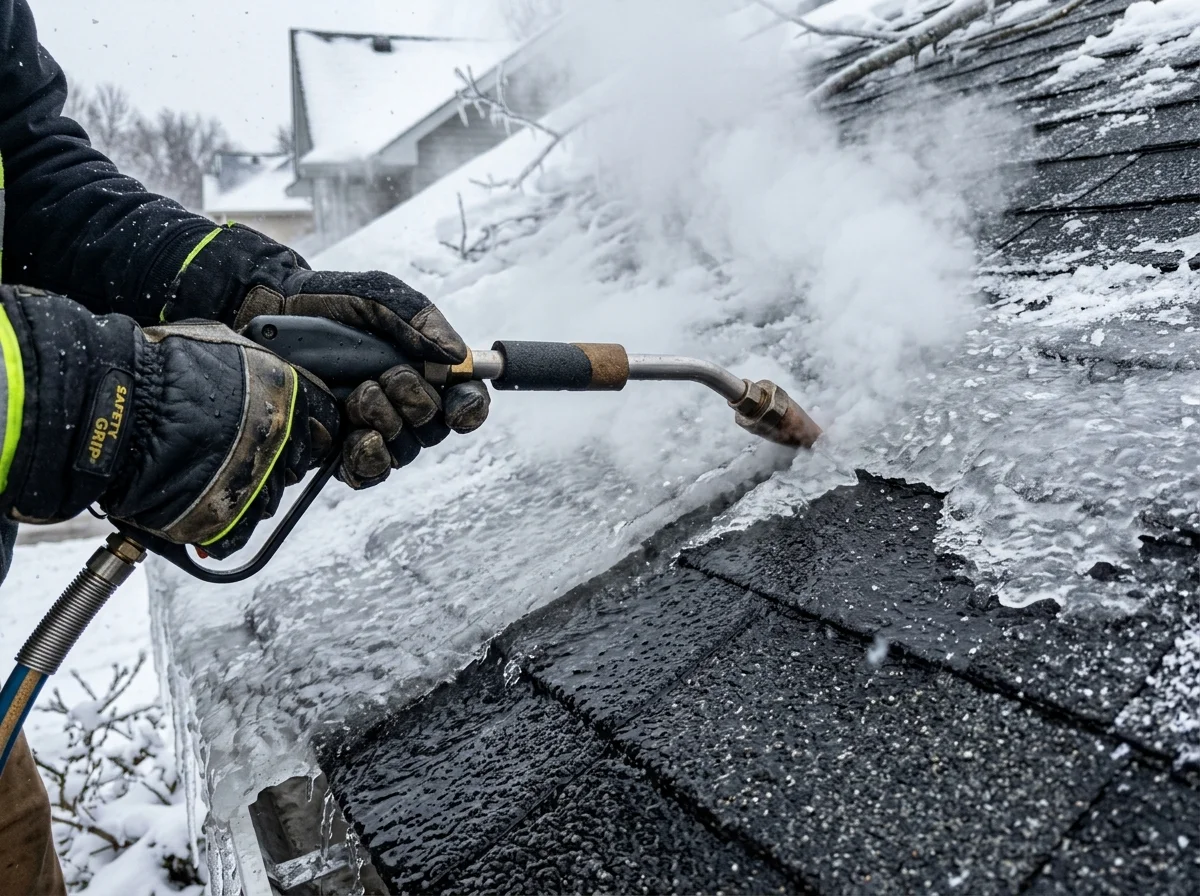 Close-up of gentle low-pressure steam nozzle melting through ice dam on shingles without damage